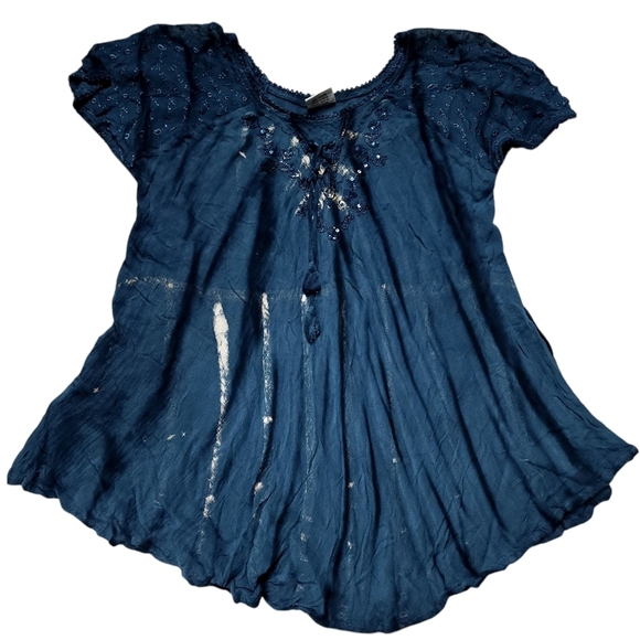 Vintage Blue Lace Up Neck Flowy Eyelet Top - Picture 3 of 9